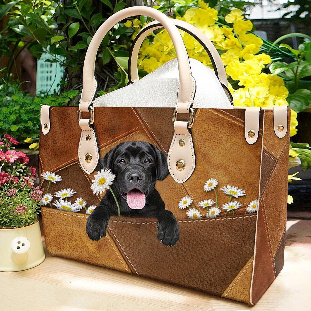 Labrador Retriever 2 Holding Daisy Leather Bag