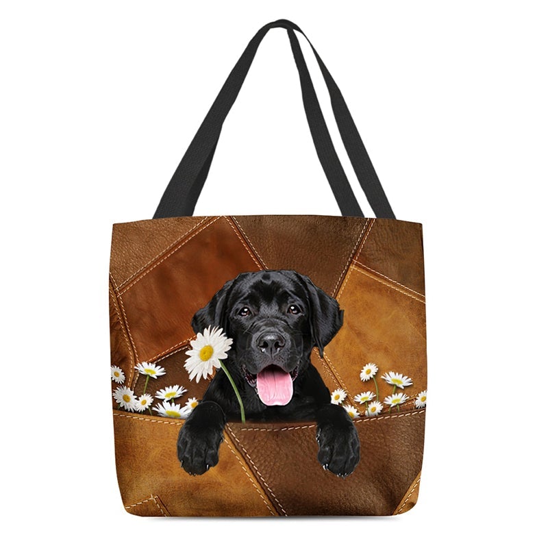 Black Labrador Retriever Holding Daisy  All Over Printed Tote Bag