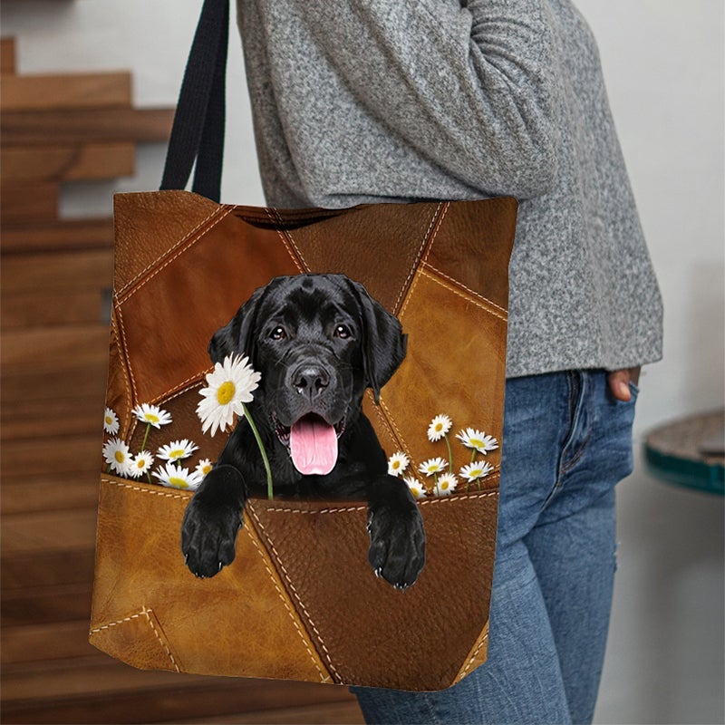 Black Labrador Retriever Holding Daisy  All Over Printed Tote Bag
