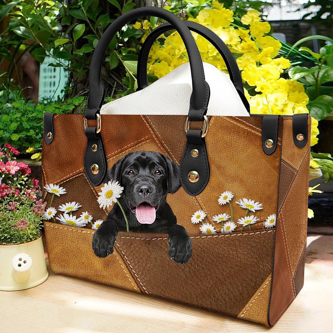 Labrador Retriever 2 Holding Daisy Leather Bag