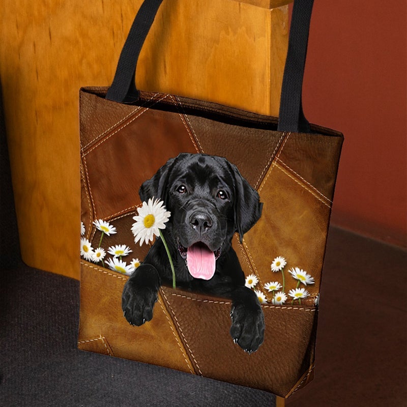 Black Labrador Retriever Holding Daisy  All Over Printed Tote Bag