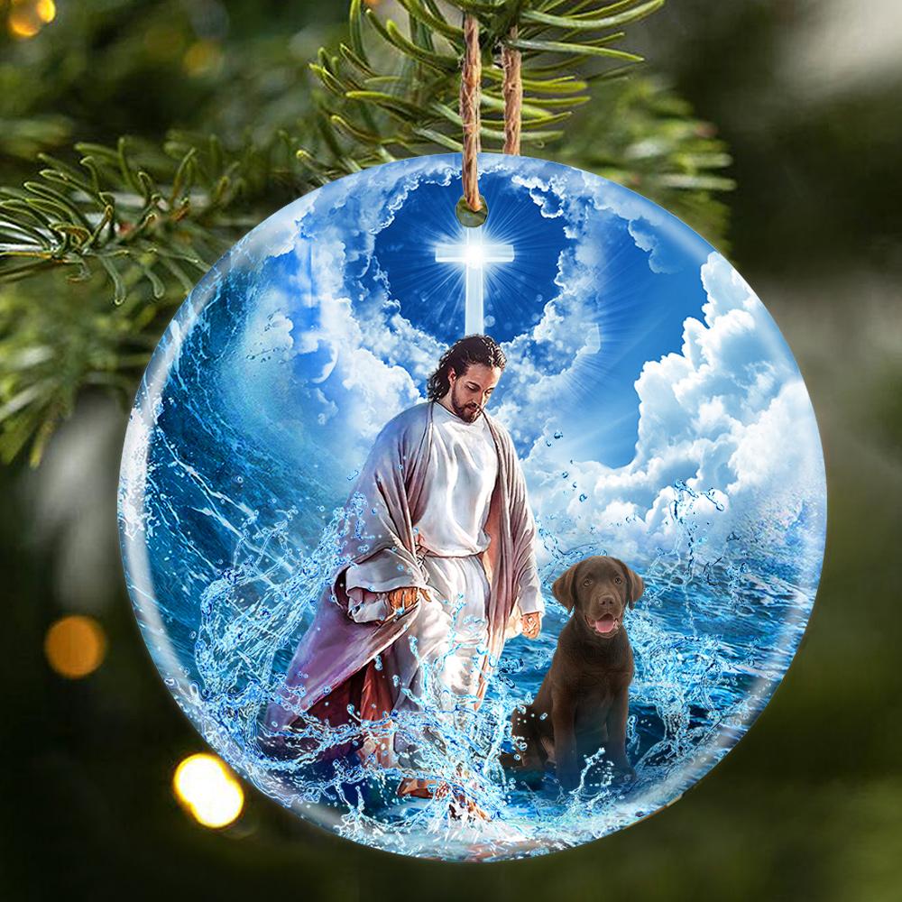 Chocolate Labrador Retriever And God Walking On The Ocean Wave Porcelain/Ceramic Ornament