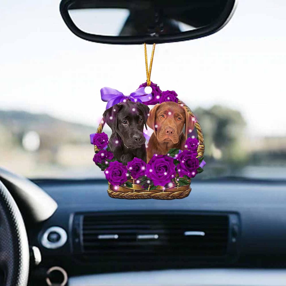 Labrador Retriever Purple Rose Wicker Basket Car Hanging Ornament