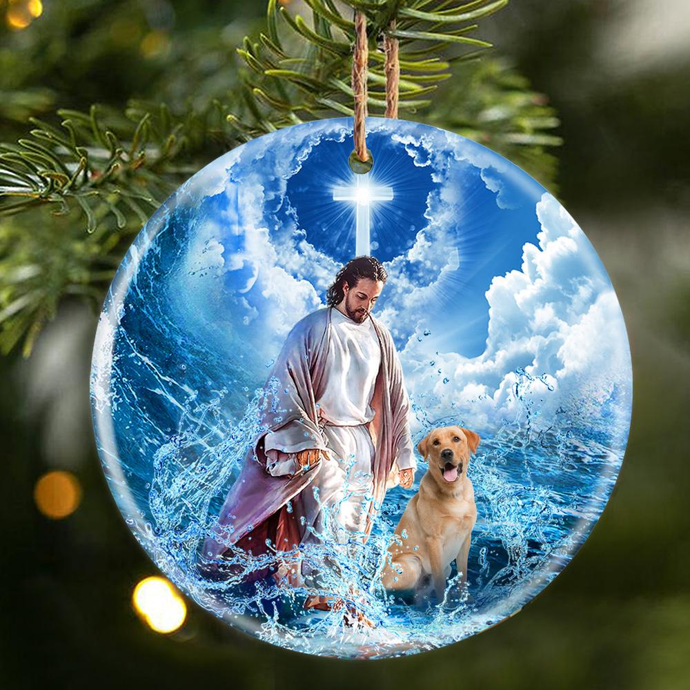 Yellow Labrador Retriever And God Walking On The Ocean Wave Porcelain/Ceramic Ornament