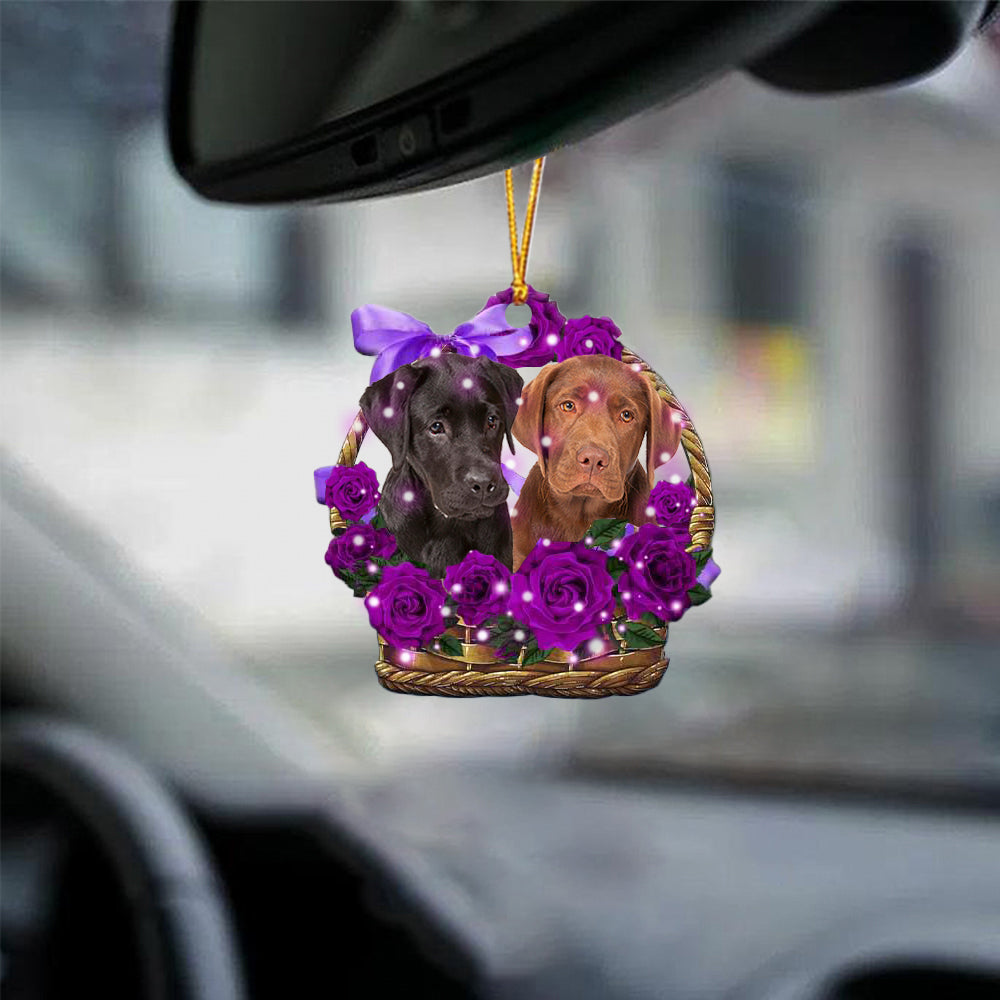 Labrador Retriever Purple Rose Wicker Basket Car Hanging Ornament