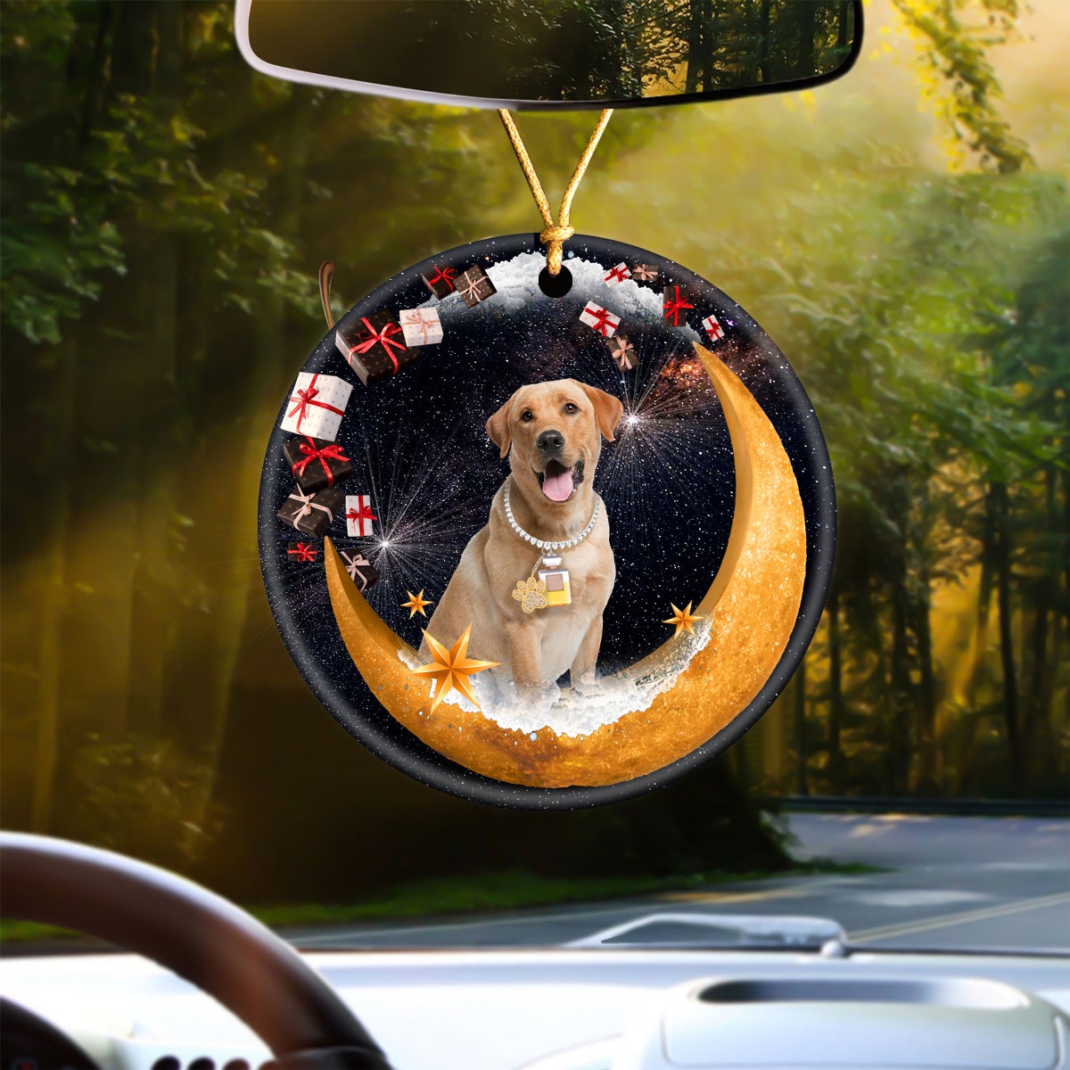 Yellow Labrador Retriever Fashion Moon Car Hanging Ceramic Ornament