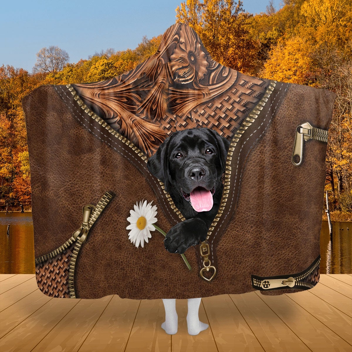 Labrador Retriever Holding Daisy Hooded Blanket