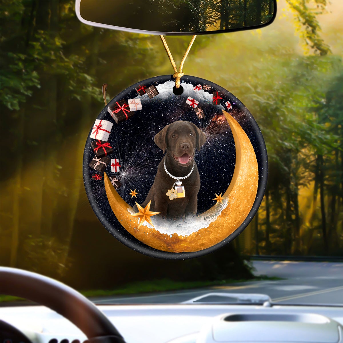 Chocolate Labrador Retriever Fashion Moon Car Hanging Ceramic Ornament