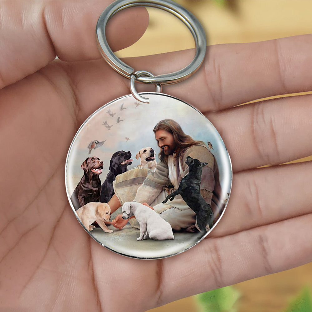 Jesus Surrounded By Labradors-Round Resin Epoxy Metal Keychain