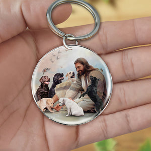 Jesus Surrounded By Labradors-Round Resin Epoxy Metal Keychain