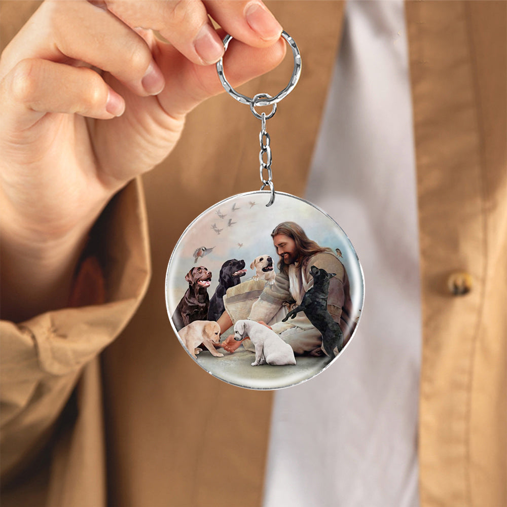 Jesus Surrounded By Labradors-Round Resin Epoxy Metal Keychain