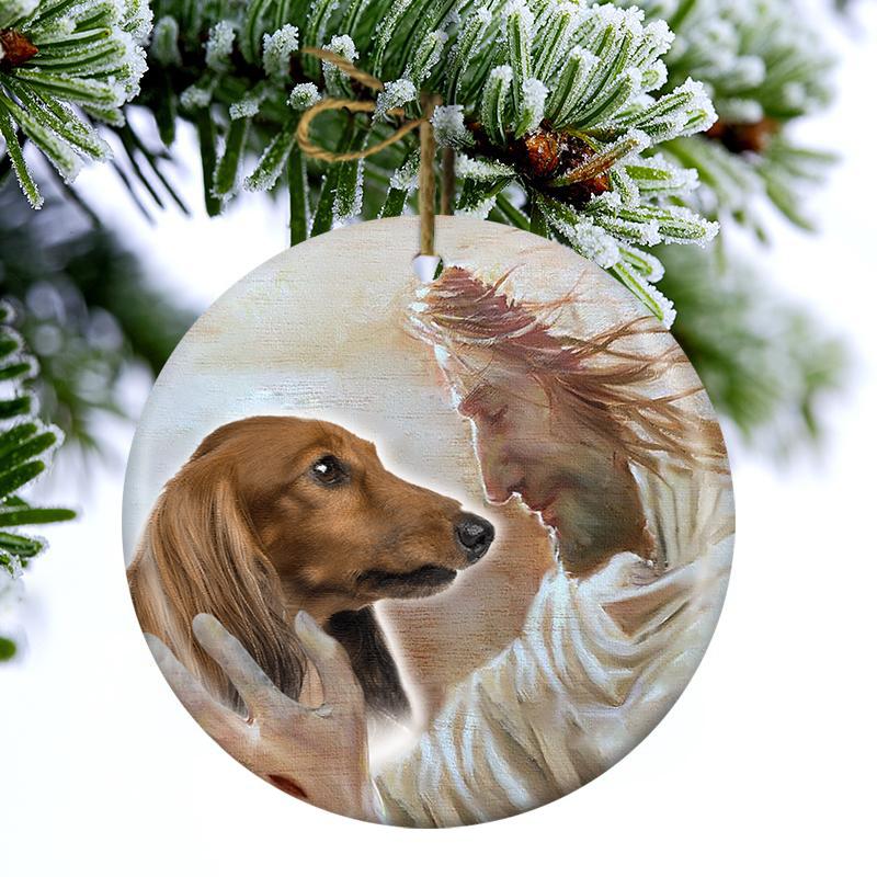 New Release -Long Haired Dachshund With God Porcelain/Ceramic Ornament