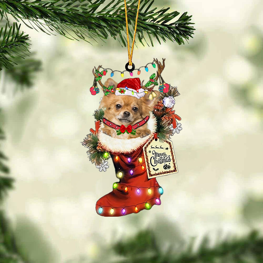 Long haired Tan Chihuahua In Red Boot Christmas Ornament