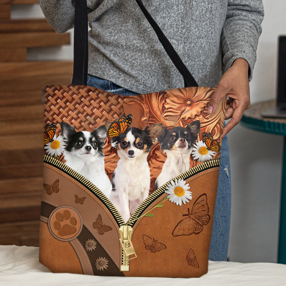Long haired White Chihuahua Daisy Flower And Butterfly Tote Bag