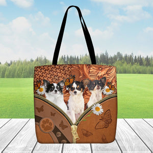 Long haired White Chihuahua Daisy Flower And Butterfly Tote Bag