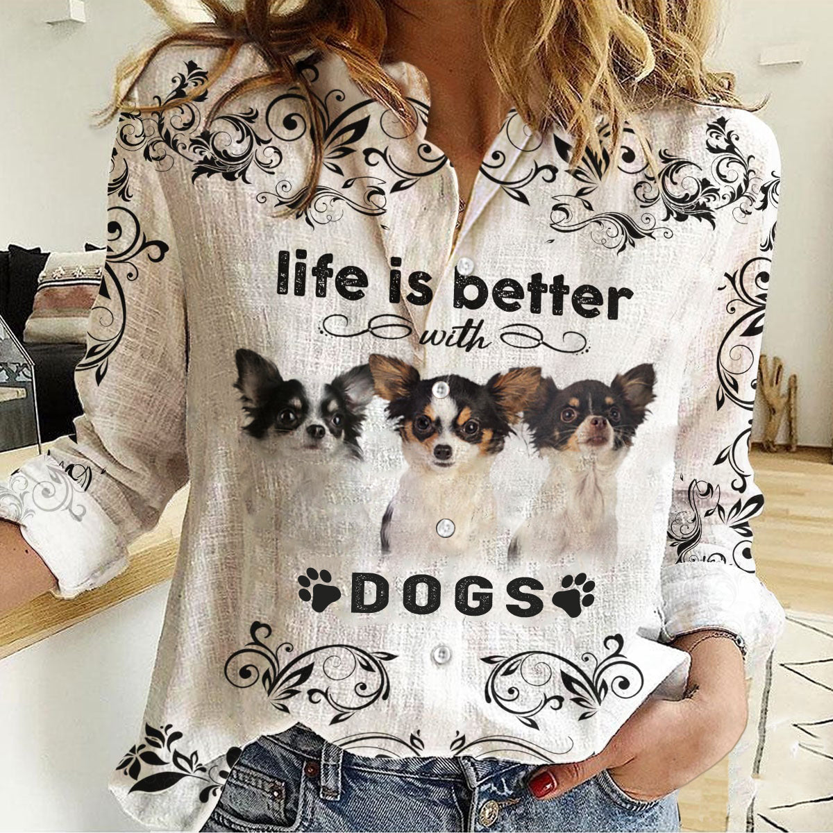 Long haired White Chihuahua -Life Is Better With Dogs Women's Long-Sleeve Shirt