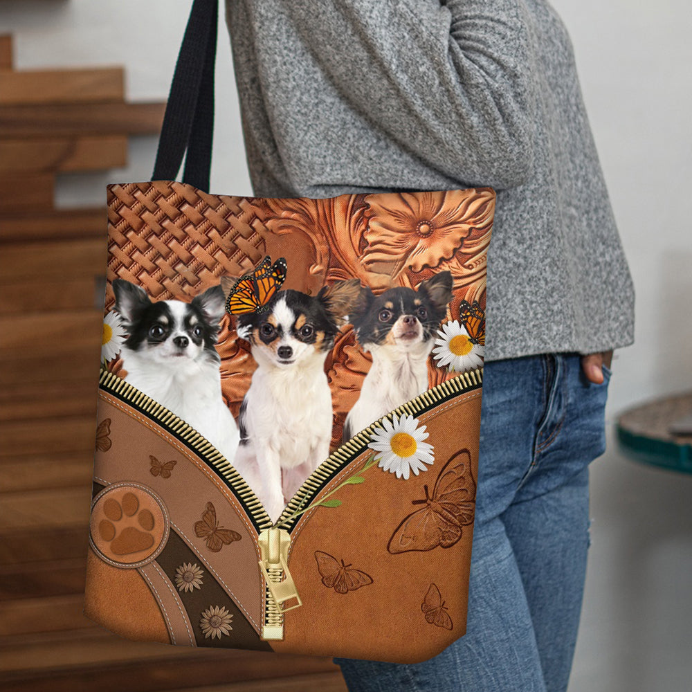 Long haired White Chihuahua Daisy Flower And Butterfly Tote Bag