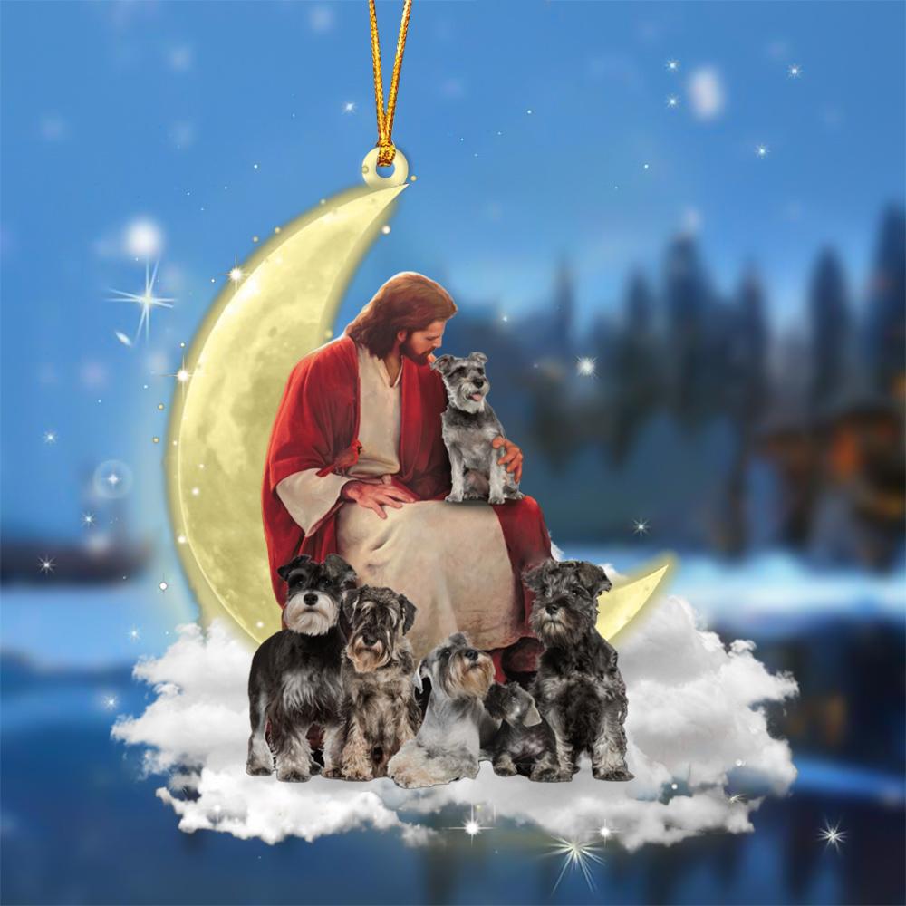 God Surrounded By Miniature Schnauzers On The Moon Hanging Ornament
