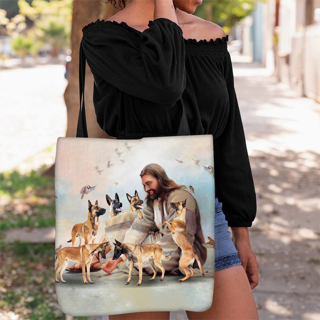 Jesus Surrounded By Malinoises Tote Bag