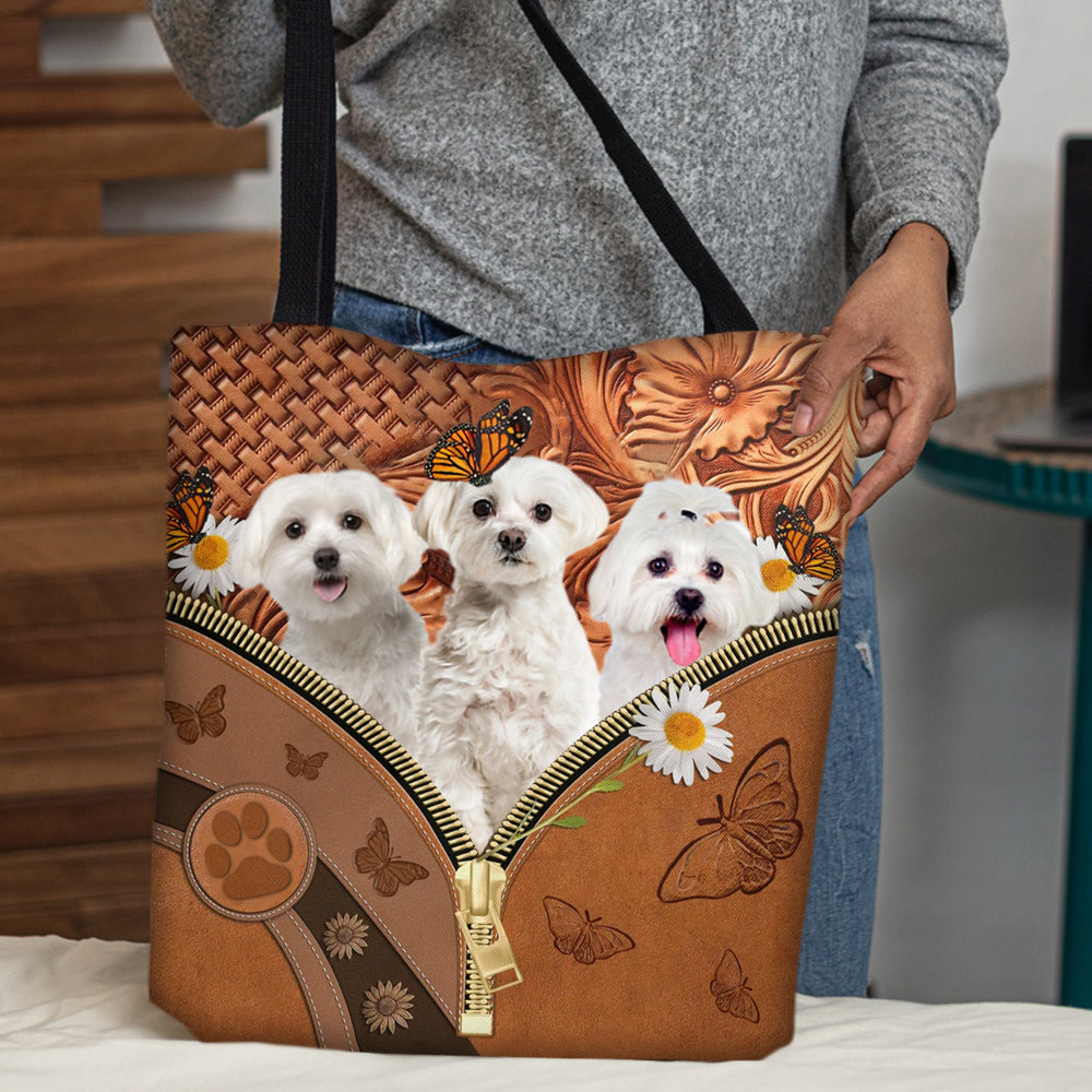 Maltese Daisy Flower And Butterfly Tote Bag