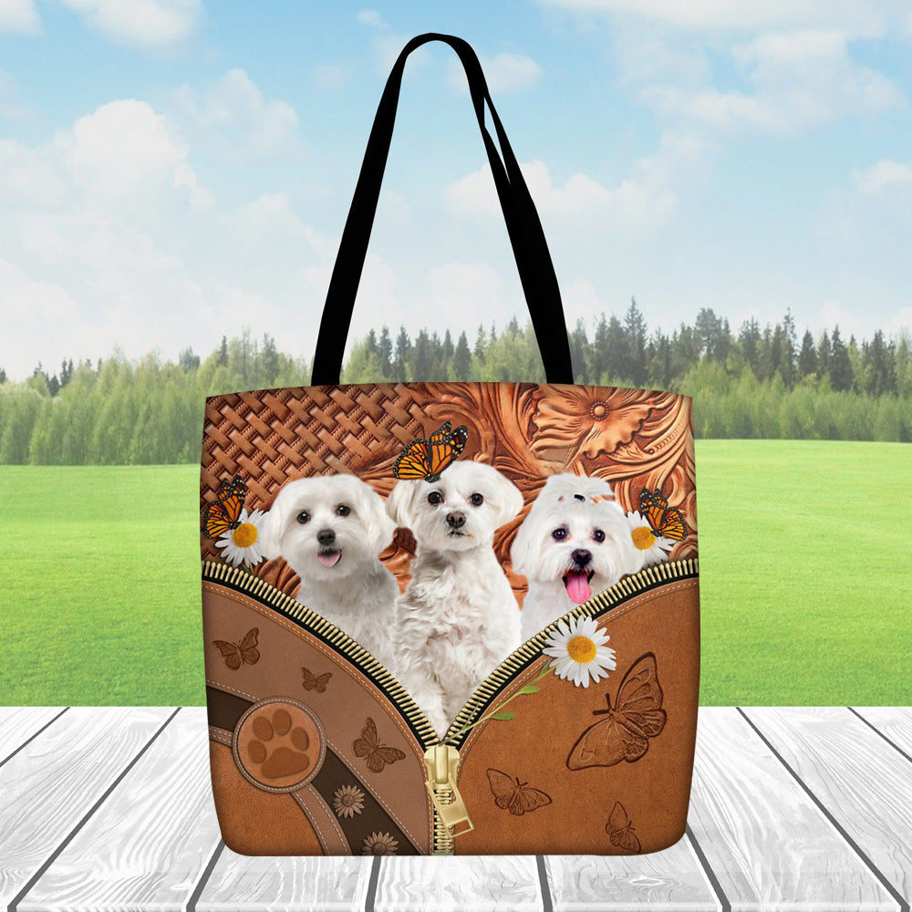 Maltese Daisy Flower And Butterfly Tote Bag