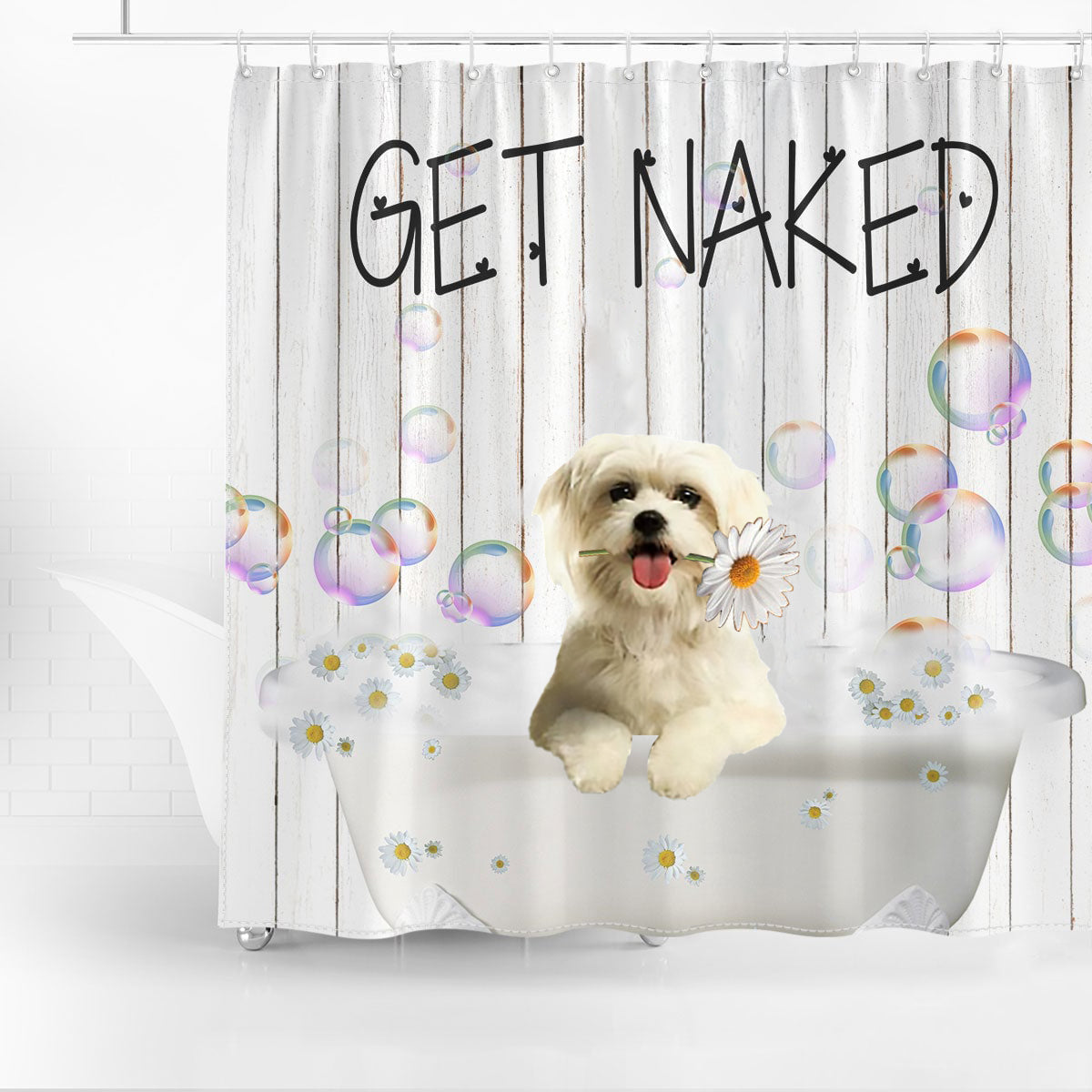 Maltese Get Naked Daisy Shower Curtain