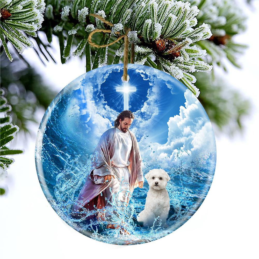Maltese And God Walking On The Ocean Wave Porcelain/Ceramic Ornament