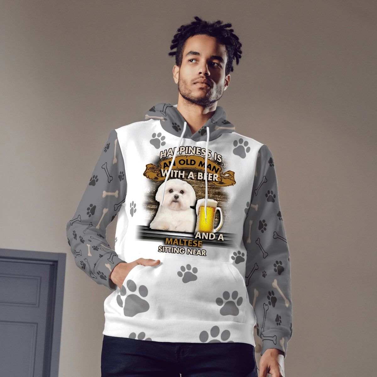 Happiness Is An Old Man With A Beer And A Maltese Hoodie