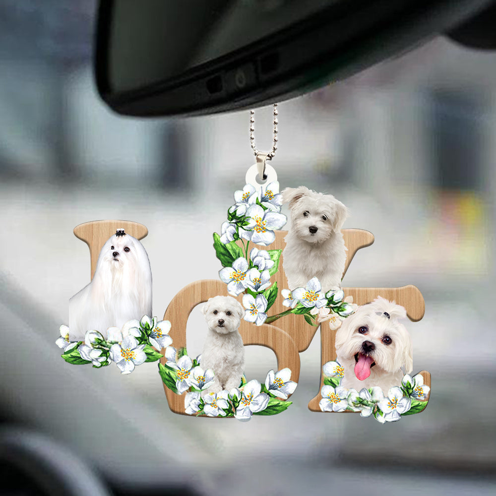 Maltese Love Flowers Dog Lover Car Hanging Ornament