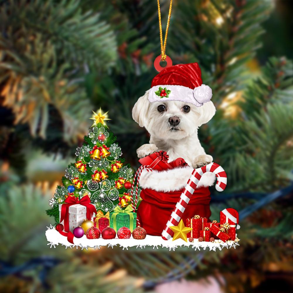 Maltese Gift Bag Merry Christmas Ornament