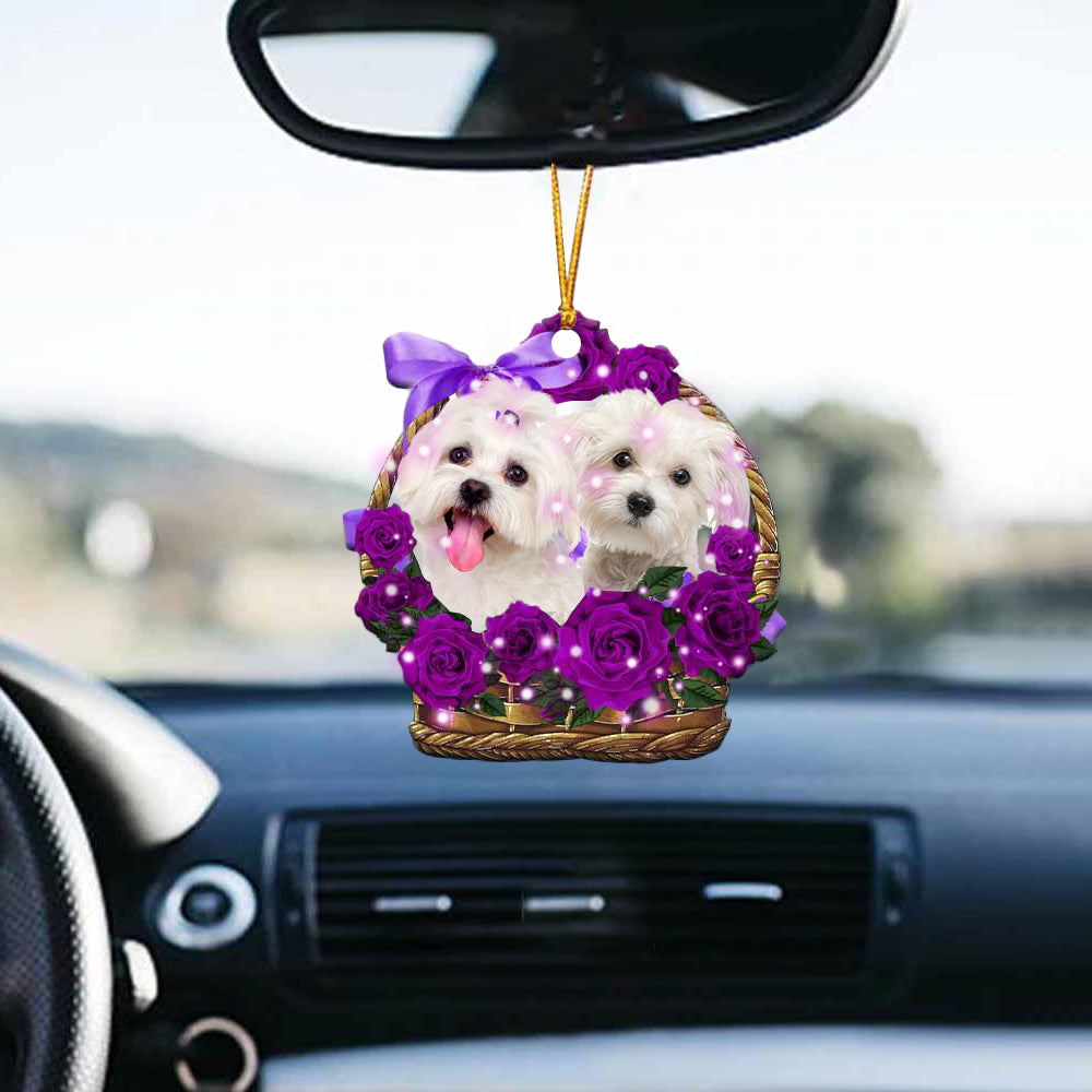 Maltese Purple Rose Wicker Basket Car Hanging Ornament