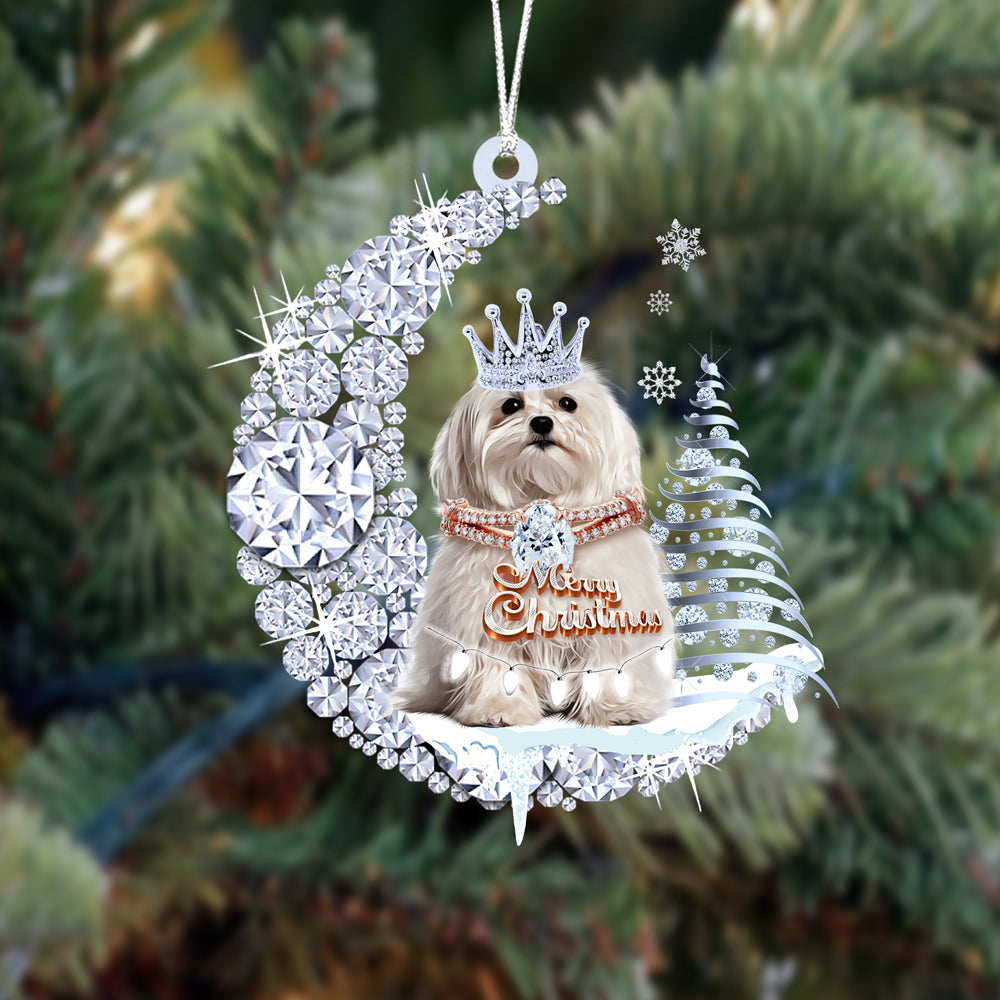 Maltese  (2) Diamond Moon Merry Christmas Ornament