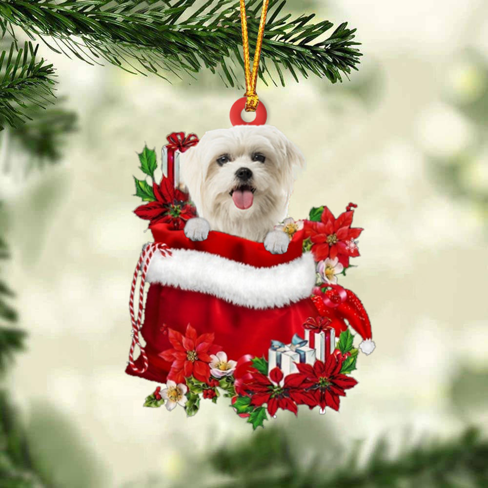 Maltese In Gift Bag Christmas Ornament