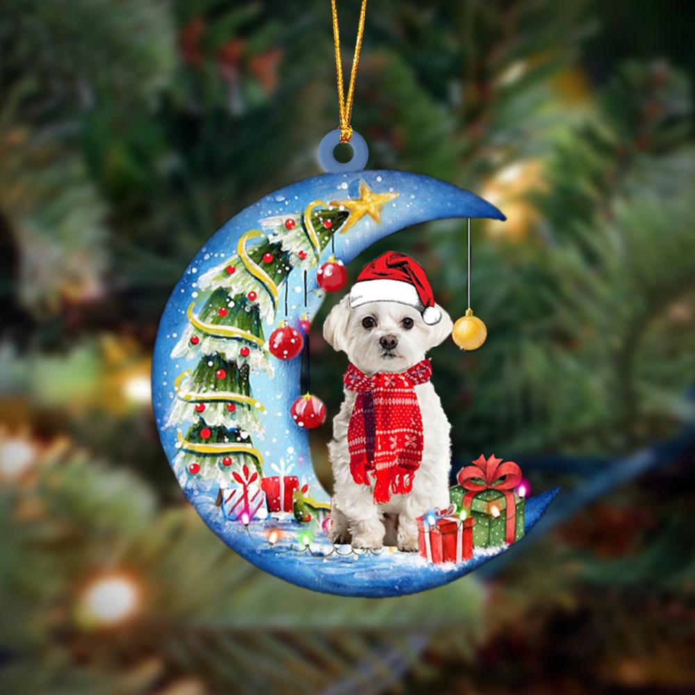 Maltese On The Moon Merry Christmas Hanging Ornament