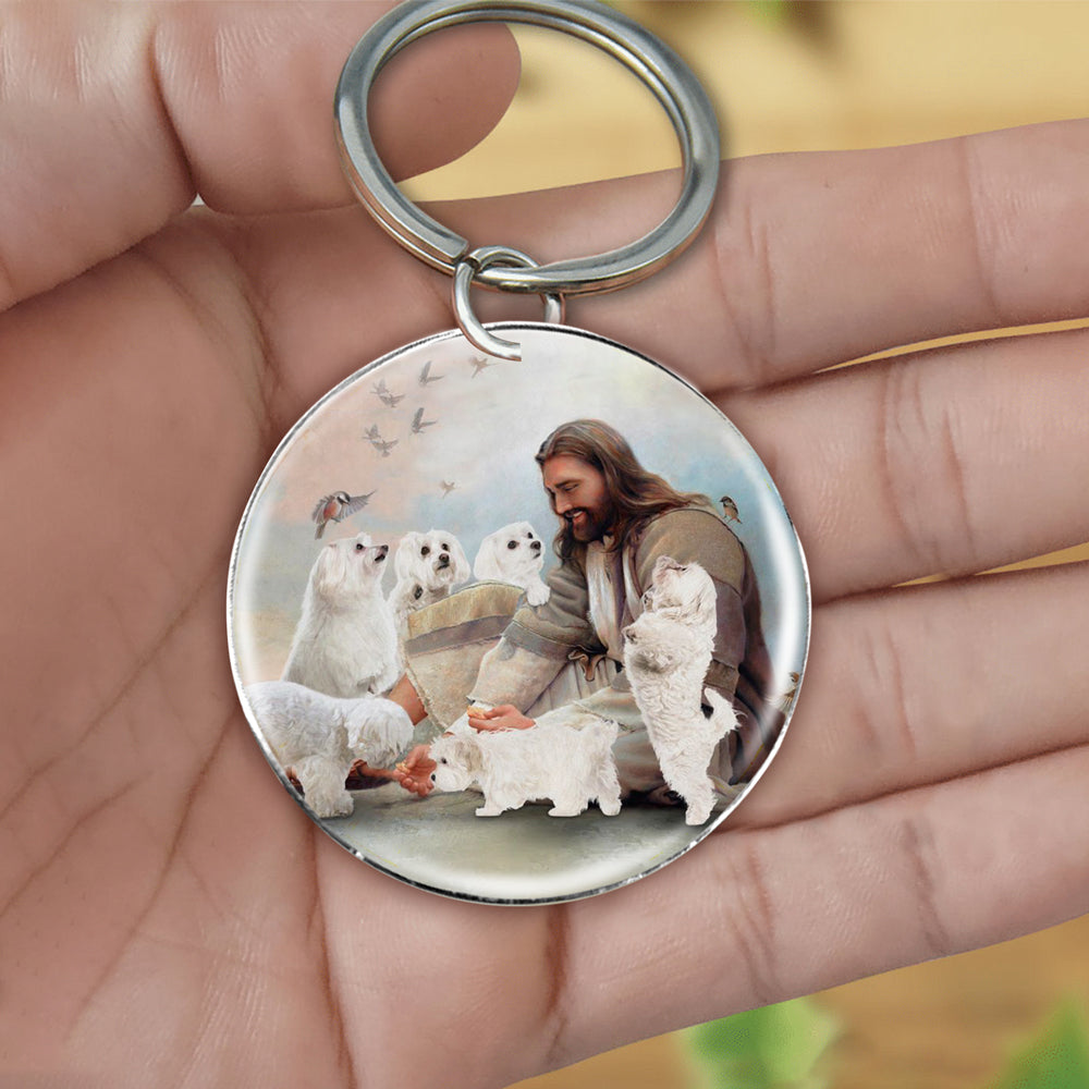 Jesus Surrounded By Malteses-Round Resin Epoxy Metal Keychain