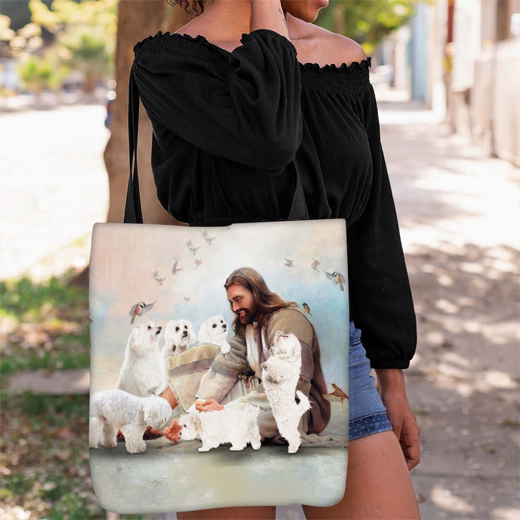 Jesus Surrounded By Malteses Tote Bag