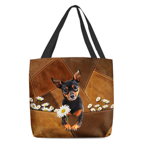 Miniature Pincher Holding Daisy All Over Printed Tote Bag