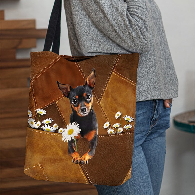 Miniature Pincher Holding Daisy All Over Printed Tote Bag
