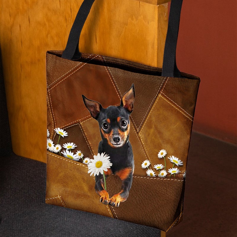 Miniature Pincher Holding Daisy All Over Printed Tote Bag