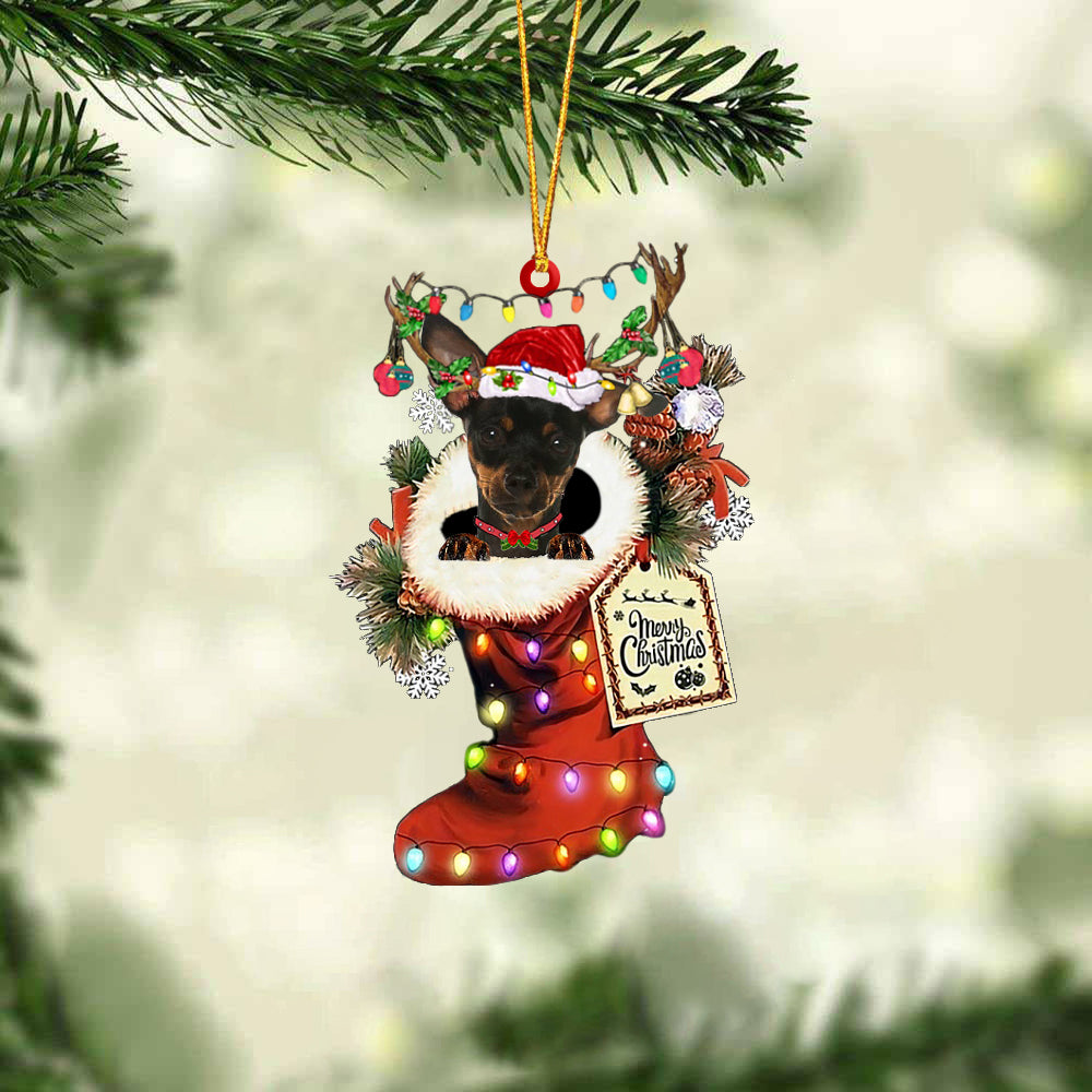Miniature Pinscher In Red Boot Christmas Ornament