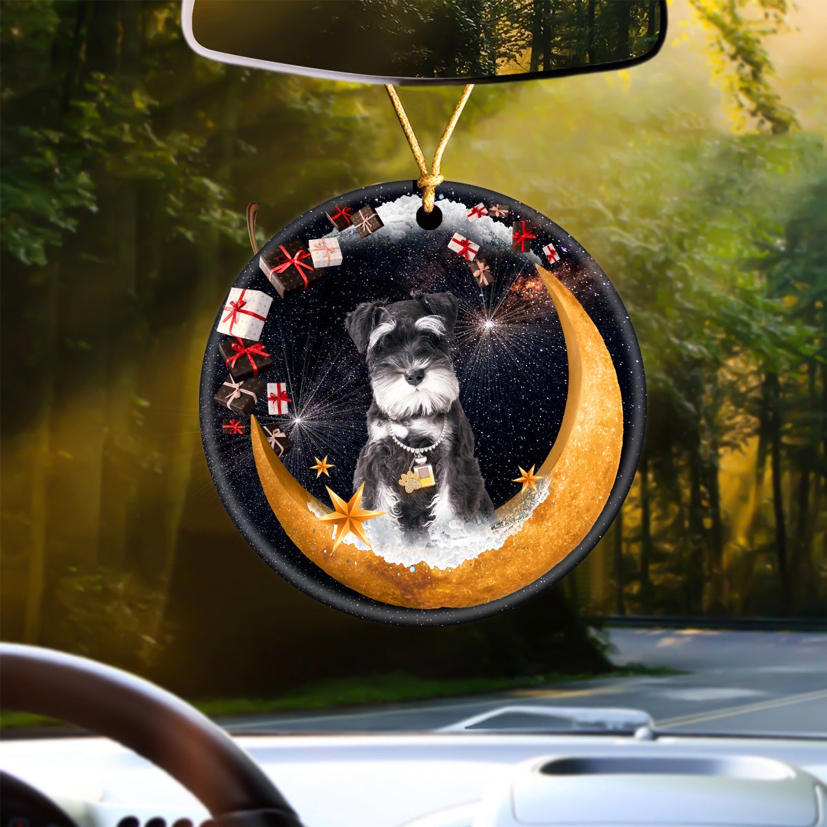 Miniature Schnauzer Fashion Moon Car Hanging Ceramic Ornament
