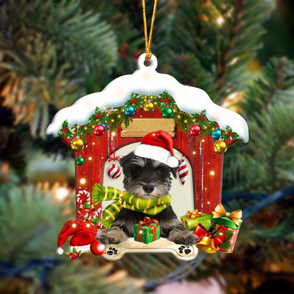 Schnauzer In Red Wood House Christmas Ornament