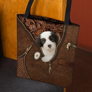 Old English Sheepdog Holding Daisy Tote Bag