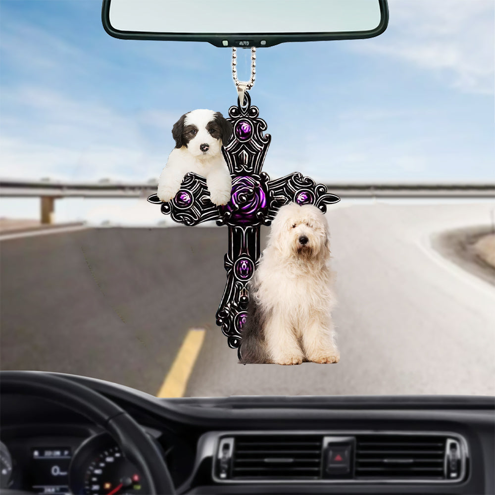 Old English Sheepdog Pray For God Car Hanging Ornament