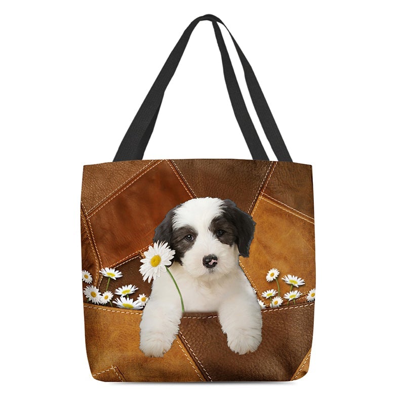 Old English Sheepdog Holding Daisy  All Over Printed Tote Bag
