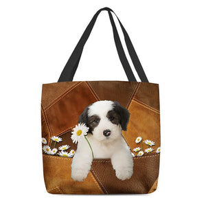 Old English Sheepdog Holding Daisy  All Over Printed Tote Bag