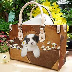 Old English Sheepdog Holding Daisy Leather Bag