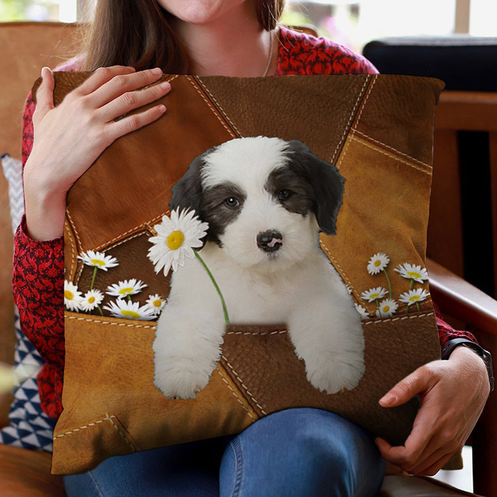 Old English Sheepdog Holding Daisy Pillow Case