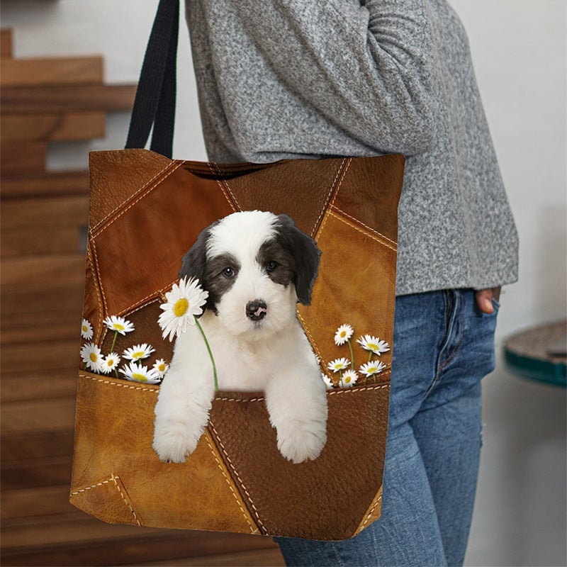 Old English Sheepdog Holding Daisy  All Over Printed Tote Bag
