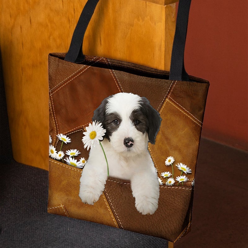 Old English Sheepdog Holding Daisy  All Over Printed Tote Bag